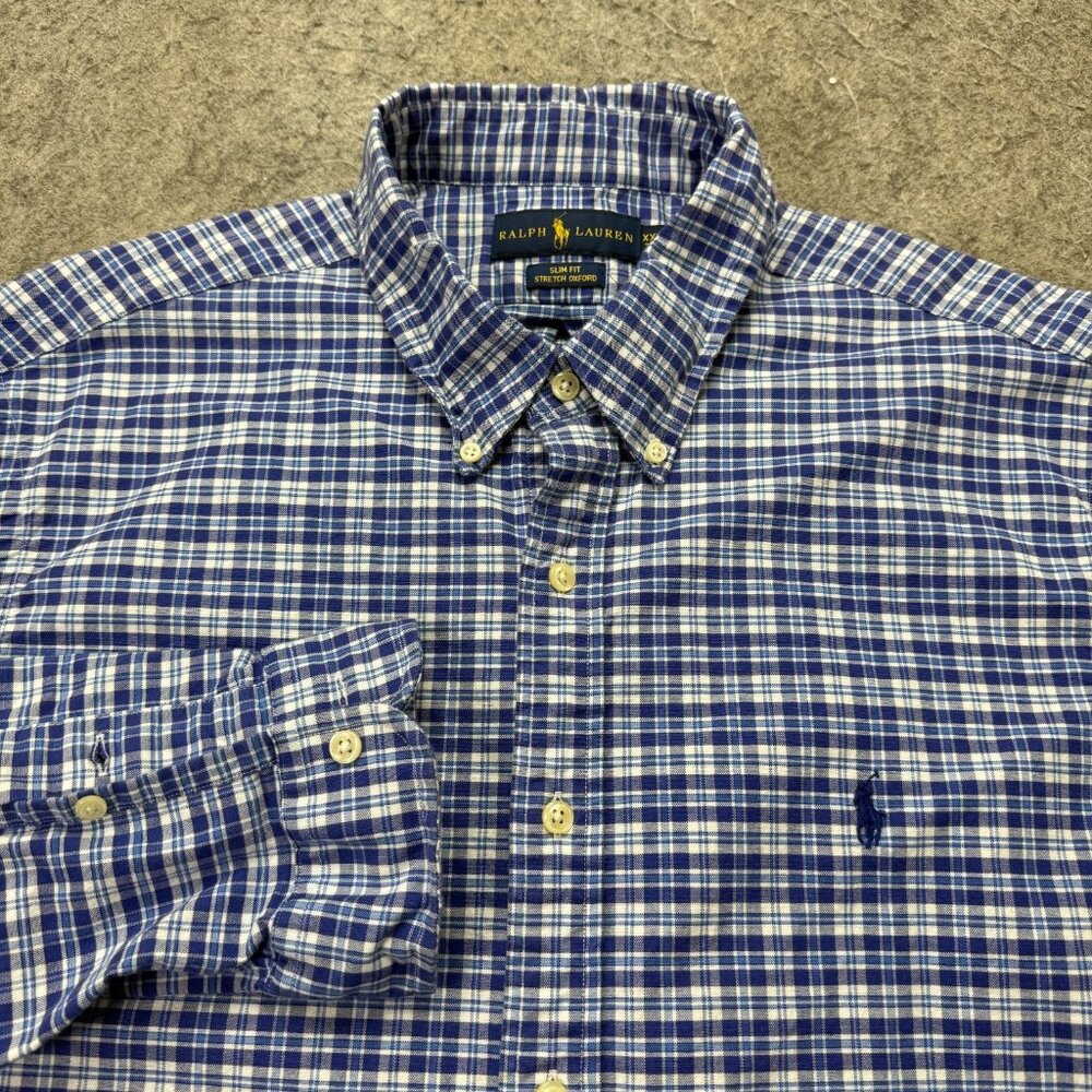 Ralph Lauren Oxford Shirt Men 2XL Blue White Plaid OCBD Stretch Slim Fit